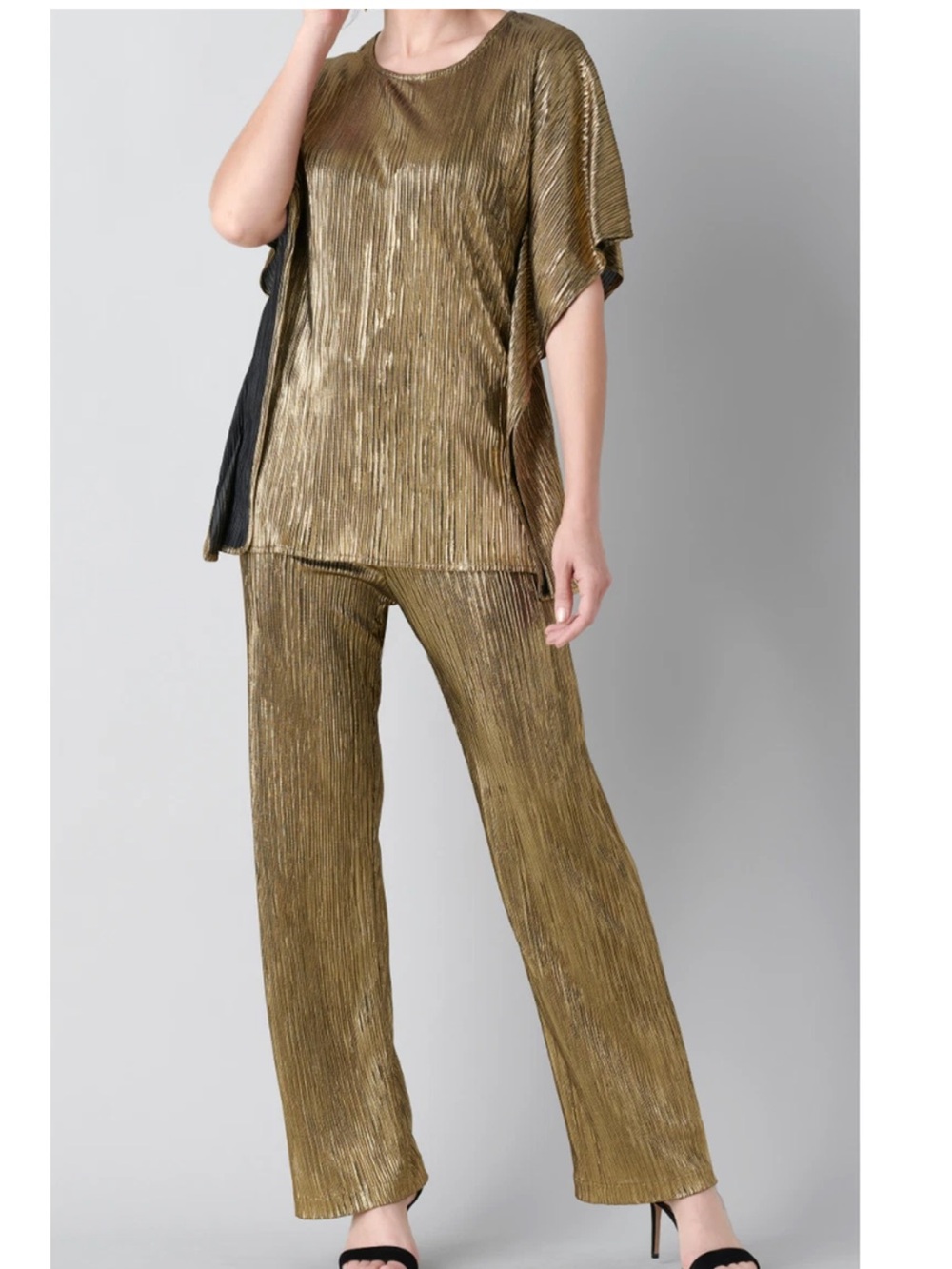 Caroline Rose Metallic Gold Plissé Pantsuit